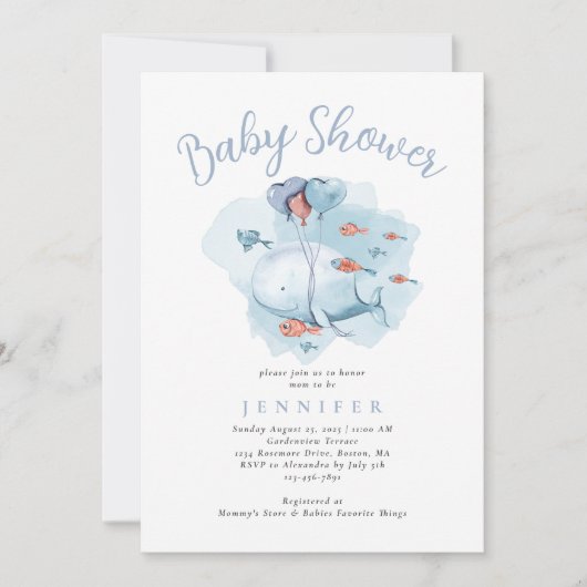 Waterverf walvis onder het Baby shower Zee Invita Kaart (Voorkant)