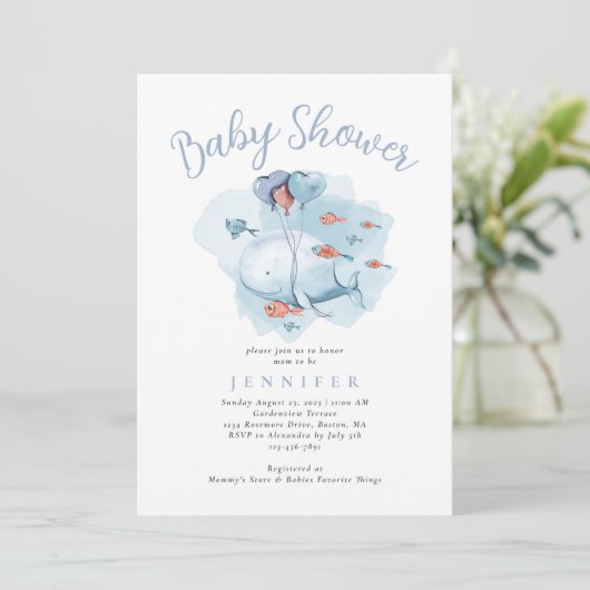 Waterverf walvis onder het Baby shower Zee Invita Kaart (Staand voorkant)