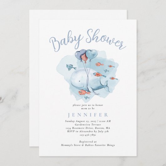 Waterverf walvis onder het Baby shower Zee Invita Kaart (Voorkant / Achterkant)