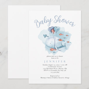 Waterverf walvis onder het Baby shower Zee Invita Kaart