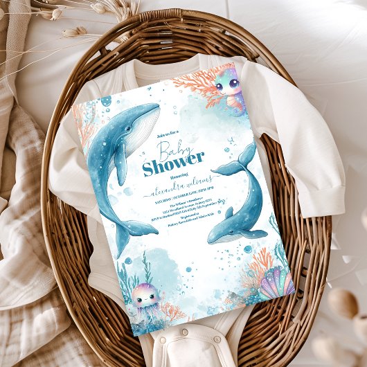 Waterverf walvis onder het Baby shower Zee Kaart