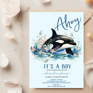 Waterverf walvis onder het Zee Baby shower Invitat Kaart