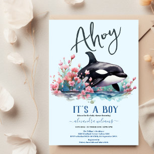 Waterverf walvis onder het Zee Baby shower Invitat Kaart