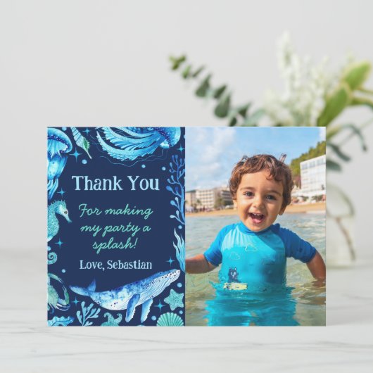 Waterverf walvis onder het Zee Creatures Foto Bedankkaart (Staand voorkant)