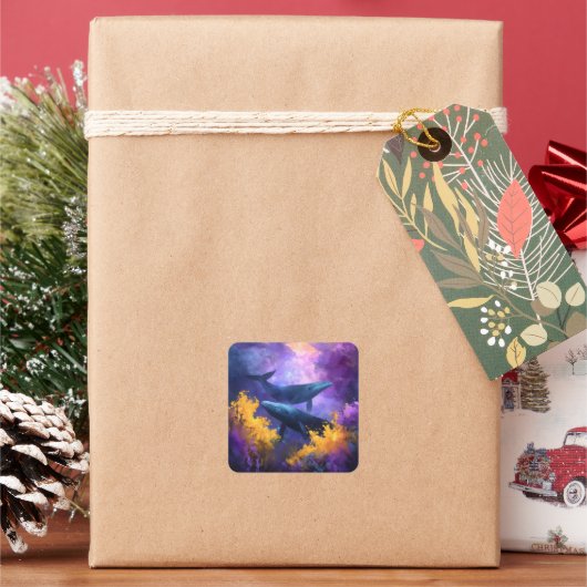 Waterverf walvissen Abstracte oceaan tuin Vierkante Sticker (Feestdagen)