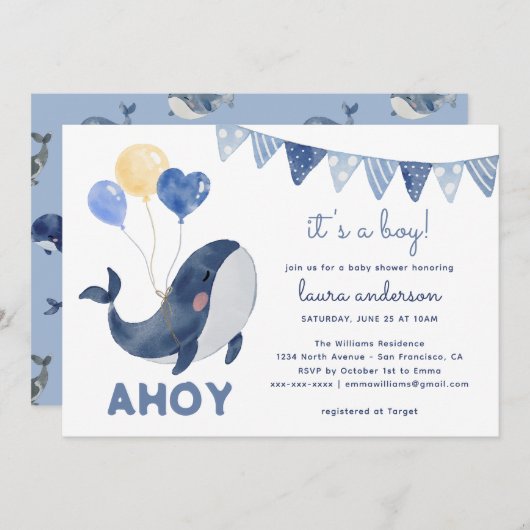 Waterverf walvissen Ahoy het is een Boy Baby showe Kaart (Voorkant / Achterkant)