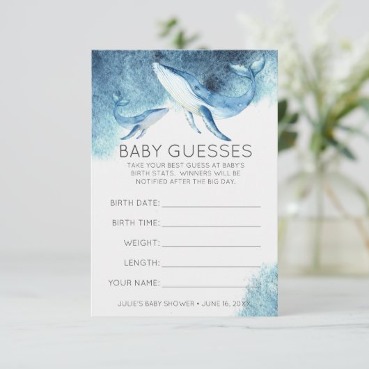 Waterverf walvissen | Baby shower gissen spel Kaart (Staand voorkant)