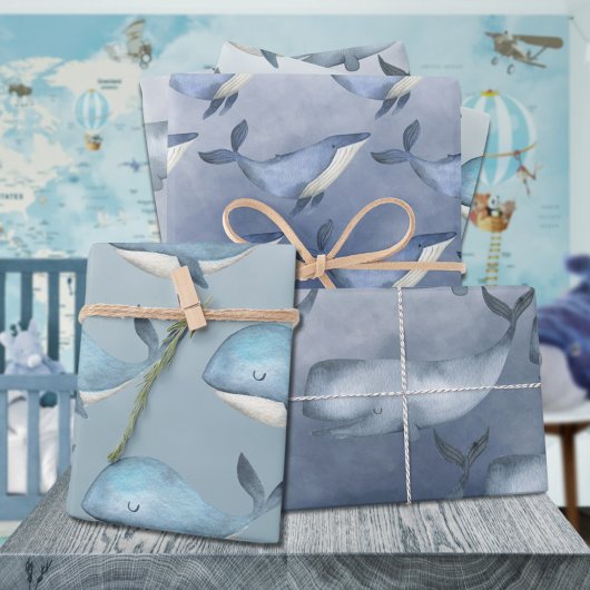 Waterverf walvissen in de diepblauwe zee inpakpapier vel