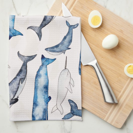 Waterverf walvissen theedoek (Quarter Fold)