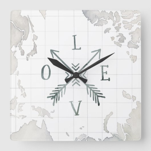 Waterverf Wanderlust Adventure III | Liefde Vierkante Klok (Voorkant)