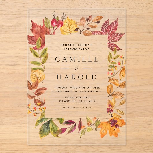 Waterverf Warm Herfst Bladeren Lijst bruiloft Acryl Uitnodigingen (Voorkant)