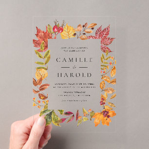 Waterverf warme herfstbladeren frame bruiloft acryl uitnodigingen