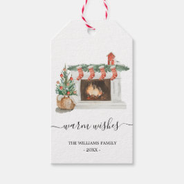 Waterverf warme wensen open haard Kerst label Cadeaulabel