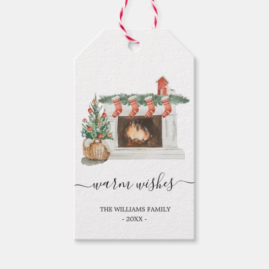 Waterverf warme wensen open haard Kerst label Cadeaulabel (Voorkant)