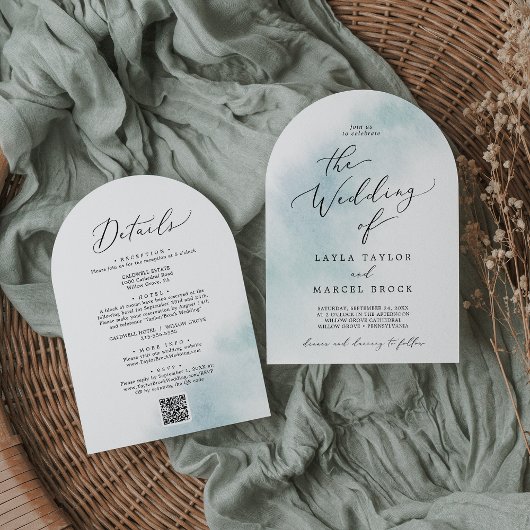 Waterverf was blauw alles in één QR boogbruiloft Kaart