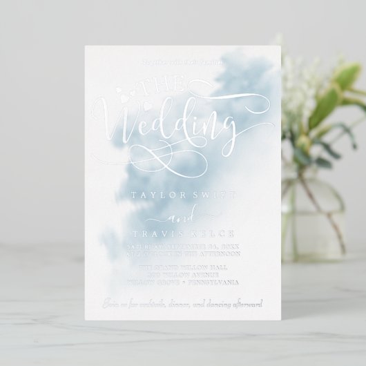 Waterverf was | Blauw- en zilverhuwelijk Folie Uitnodiging (Staand Voorkant)