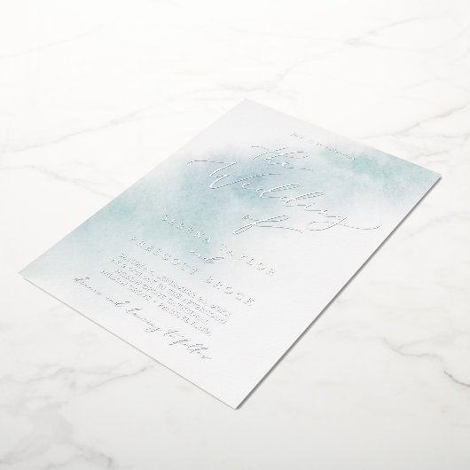 Waterverf was | Blauw- en zilverhuwelijk Folie Uitnodiging (Gedraaid)
