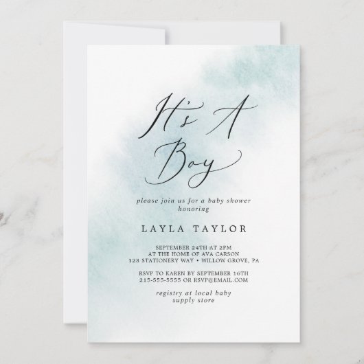 Waterverf was | Blauw Het is een Baby shower van e Kaart (Voorkant)