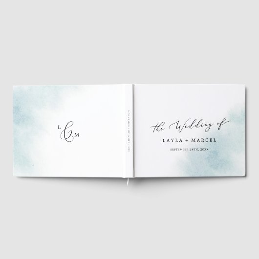 Waterverf was | Blauwe monogram rugbruiloft Gastenboek (Volledig)
