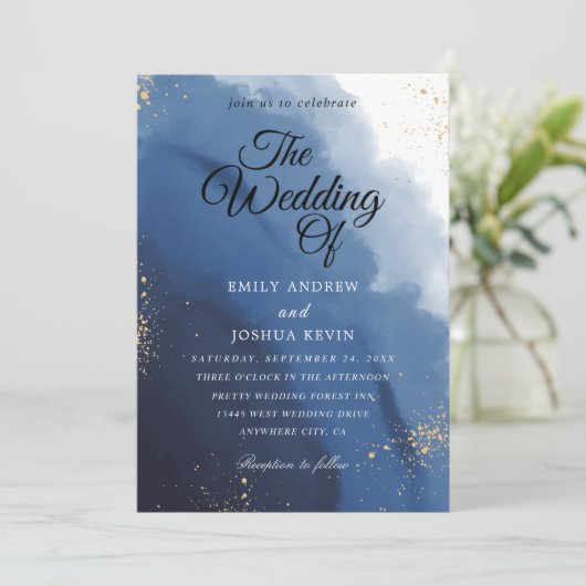 Waterverf was | blauwe uitnodiging voor weddenscha (Staand voorkant)