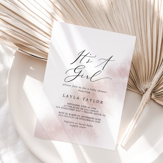 Waterverf was | Blush Het is een meisje Baby showe Kaart