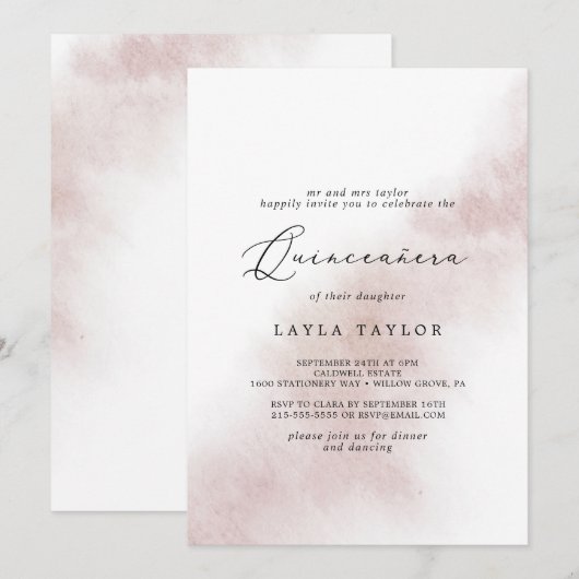 Waterverf was | Blush Quinceañera Kaart (Voorkant / Achterkant)