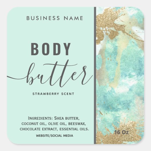 Waterverf was glinsterend script body butter label (Voorkant)