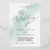 Waterverf was | Groen en zilver-olievlek Folie Uitnodiging (Voorkant)