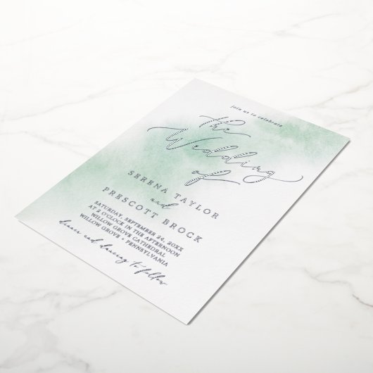 Waterverf was | Groen en zilver-olievlek Folie Uitnodiging (Gedraaid)