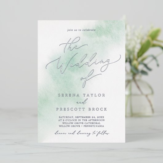 Waterverf was | Groen en zilver-olievlek Folie Uitnodiging (Staand Voorkant)