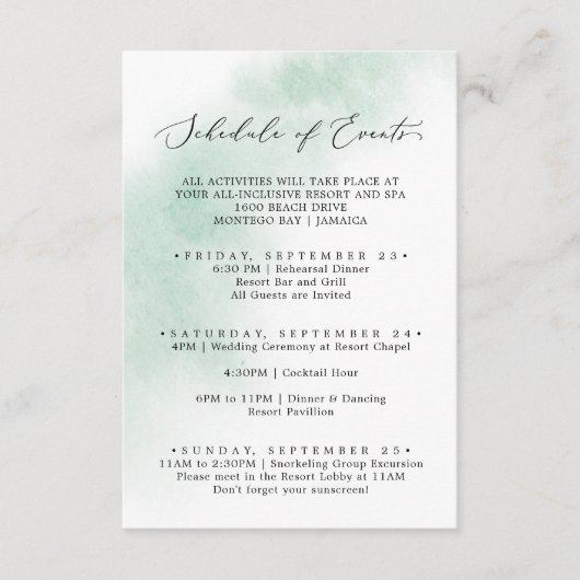 Waterverf was | Groene weekendschema van evenement Informatiekaartje (Voorkant)