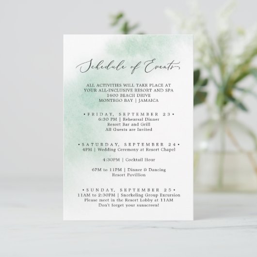 Waterverf was | Groene weekendschema van evenement Informatiekaartje (Staand voorkant)