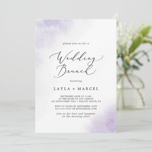 Waterverf was | Paarse bruiloft Brunch Kaart (Staand voorkant)