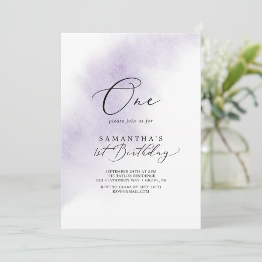 Waterverf was | Paarse Eerste verjaardag Kaart (Staand voorkant)