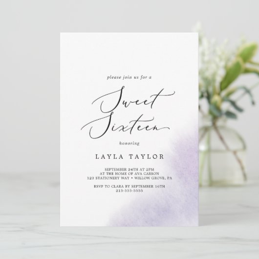 Waterverf was | Paarse zweet-zestiende verjaardag Kaart (Staand voorkant)