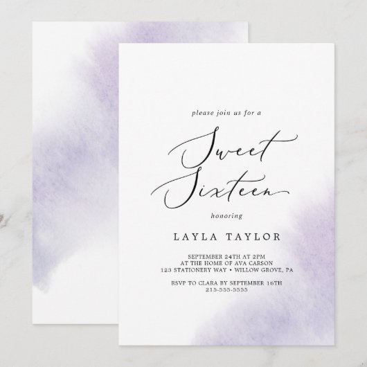 Waterverf was | Paarse zweet-zestiende verjaardag Kaart (Voorkant / Achterkant)