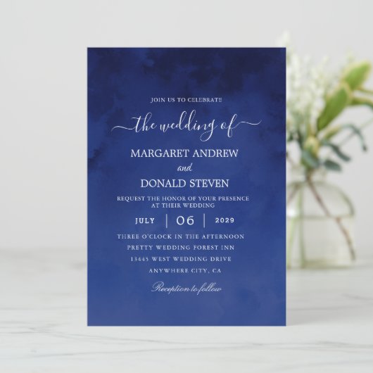 waterverf was Royal Blue bruiloft-uitnodiging Kaart (Staand voorkant)