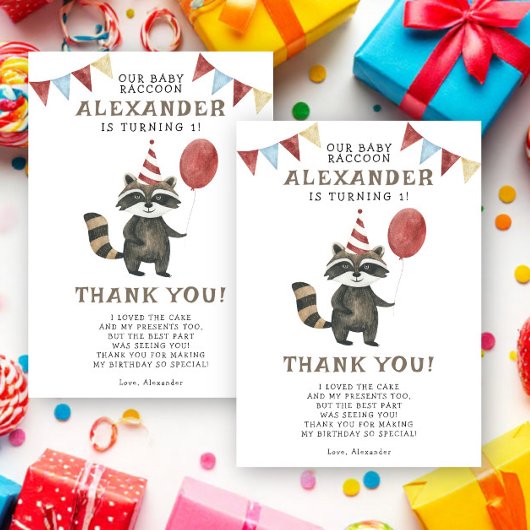 Waterverf Wasbeer 1e Verjaardag  Bedankkaart