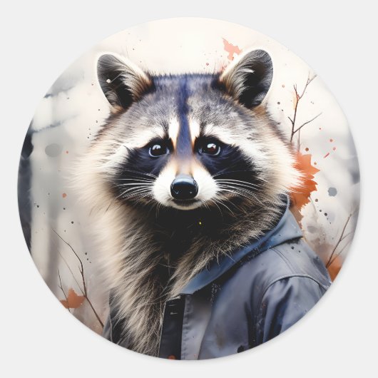 Waterverf wasbeerdier ronde sticker (Voorkant)