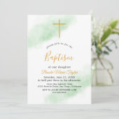 Waterverf Wash Green en Gold Doop Uitnodiging (Staand voorkant)