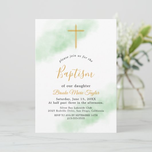 Waterverf Wash Green en Gold Doop Uitnodiging (Staand voorkant)