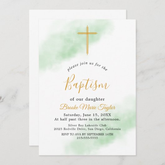 Waterverf Wash Green en Gold Doop Uitnodiging (Voorkant / Achterkant)