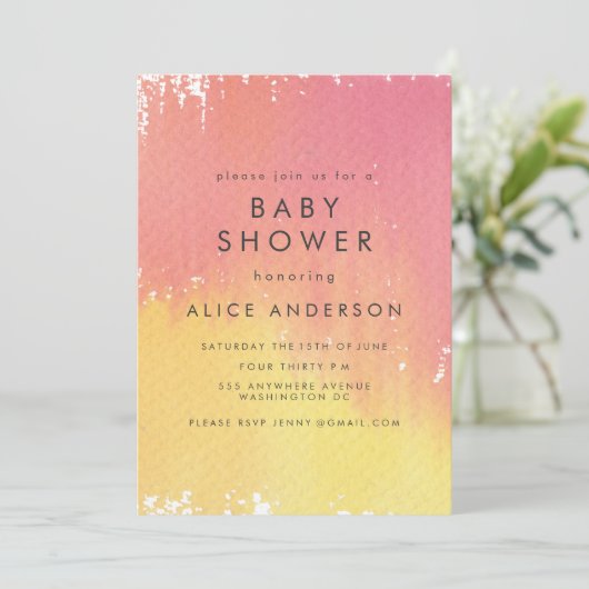 Waterverf Wash Roze Meisjes Baby shower Uitnodigen Kaart (Staand voorkant)