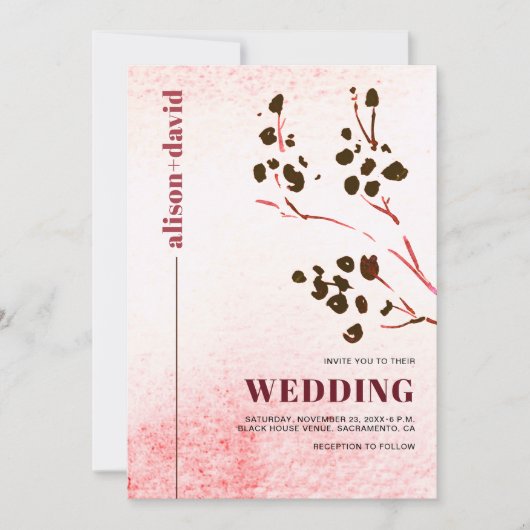 Waterverf wassen en tak Japandi bruiloft Kaart (Voorkant)