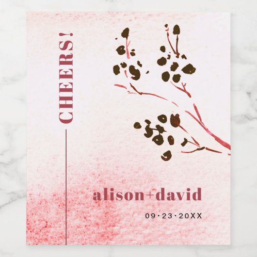 Waterverf wassen en tak Japandi CHEERS bruiloft Wijn Etiket (Enkel label)