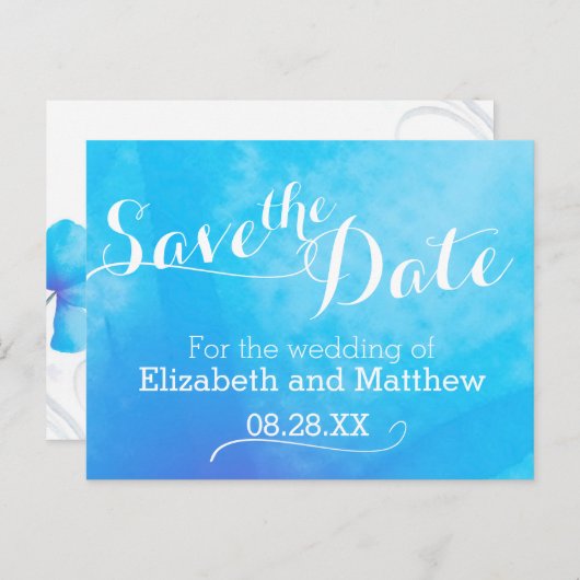 Waterverf wassen geschilderd blauw Save the Date C Aankondigingskaart (Voorkant / Achterkant)