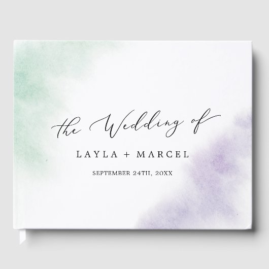 Waterverf Wassen Groen Paarse Monogram Trouwen Gastenboek (Voorkant)