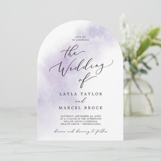 Waterverf Wassen Paarse Elegante Boho Boog Wedding Kaart (Staand voorkant)
