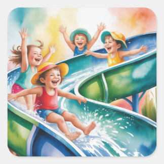 Waterverf Waterglijbaan Kinderen Verjaardagsfeestj Vierkante Sticker