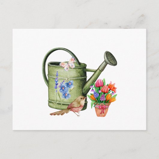 Waterverf Watering Can, Flowers en Bird Briefkaart (Voorkant)